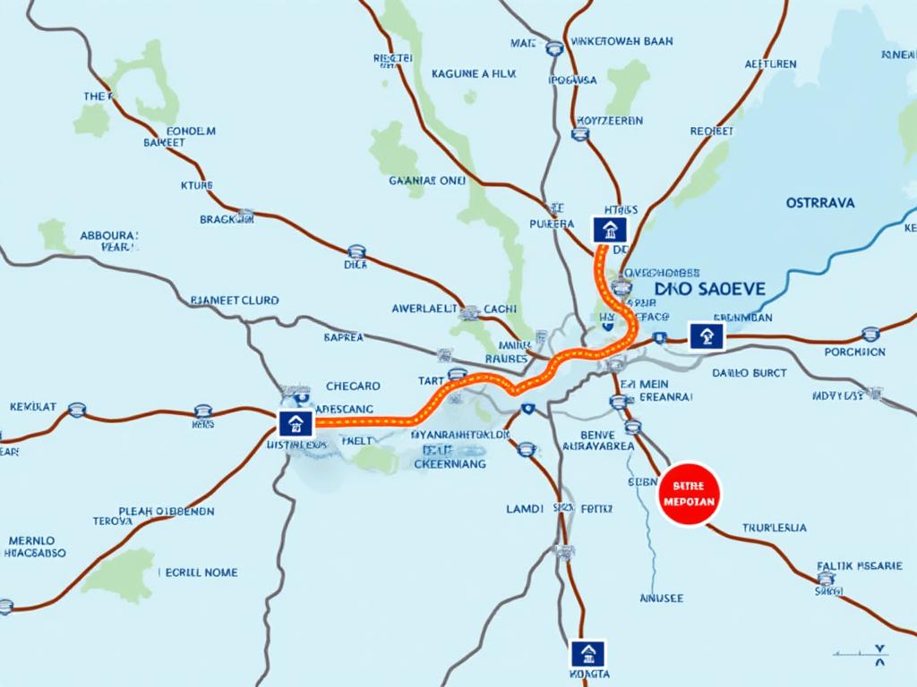 A map of the Ostrava region in the Czech Republic, highlighting the D1 and D56 motorways.