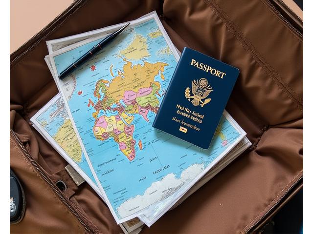 A travel bag with a passport, map, and car keys neatly arranged.